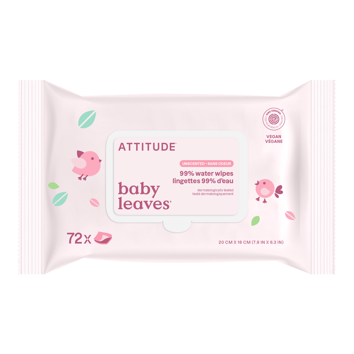 Attitude Baby Wipes, Fragrance-Free Baby Leaves Biodegradable 72 Wipes