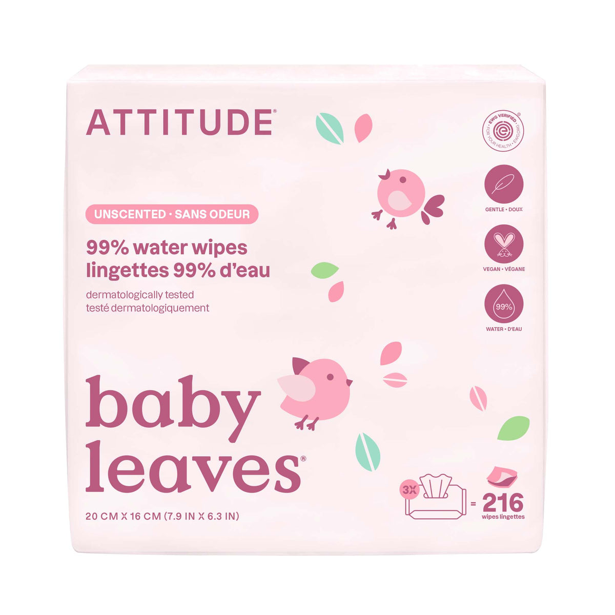Attitude Baby Wipes, Fragrance-Free Baby Leaves Biodegradable 3 x 72 Wipes