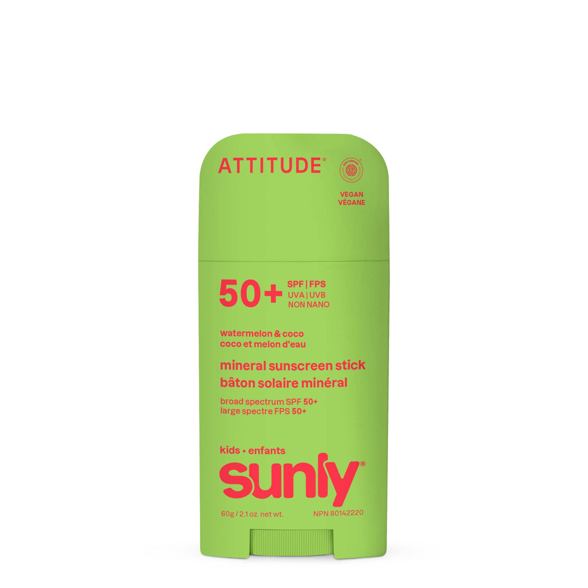 Attitude Sunly Kids SPF 50+ Mineral Sunscreen Stick 60g Watermelon & Coco