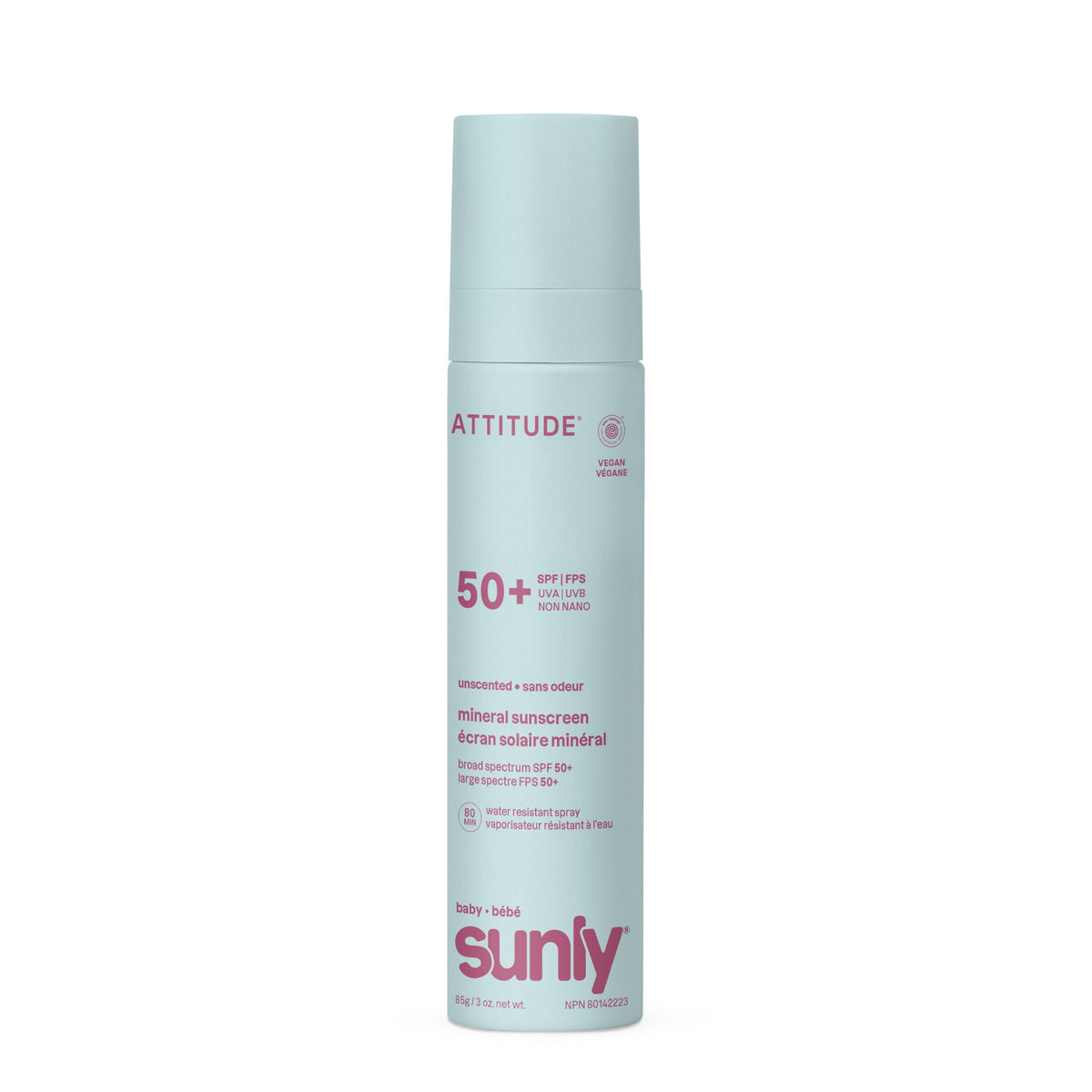 Attitude Sunly Baby SPF 50+ Mineral Sunscreen, Unscented Spray 85g Unscented