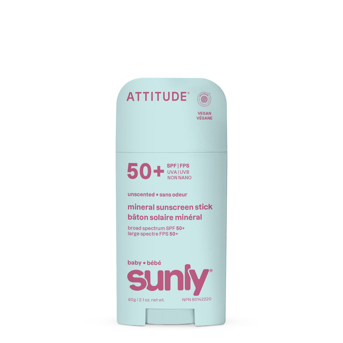 Attitude Sunly Baby SPF 50+ Mineral Sunscreen, Unscented Stick 60g Unscented
