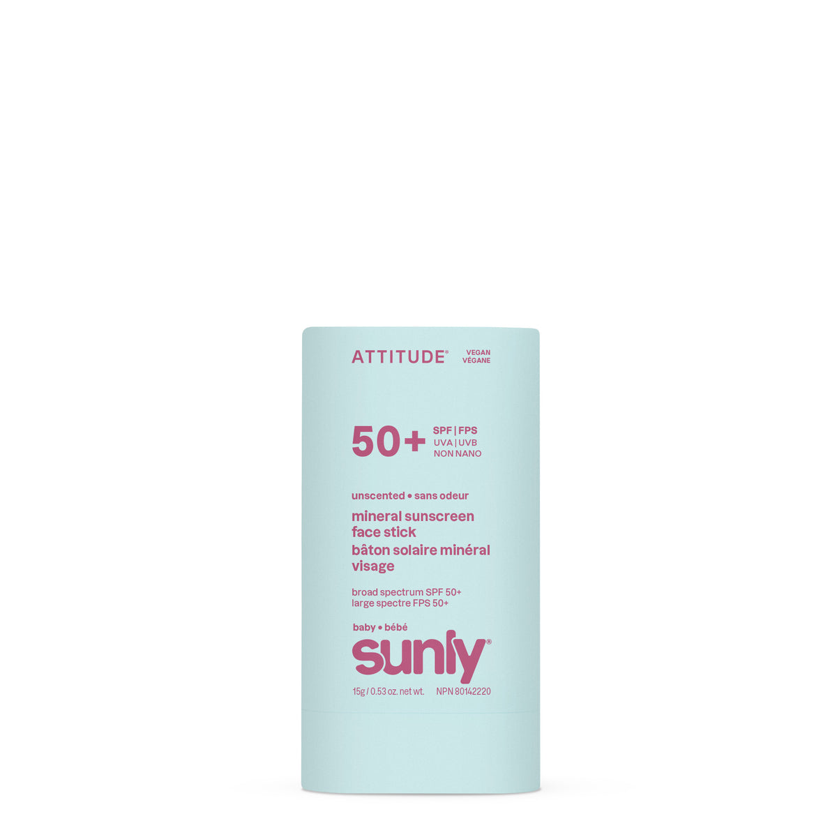 Attitude Sunly Baby SPF 50+ Mineral Sunscreen, Unscented Stick 15g Unscented