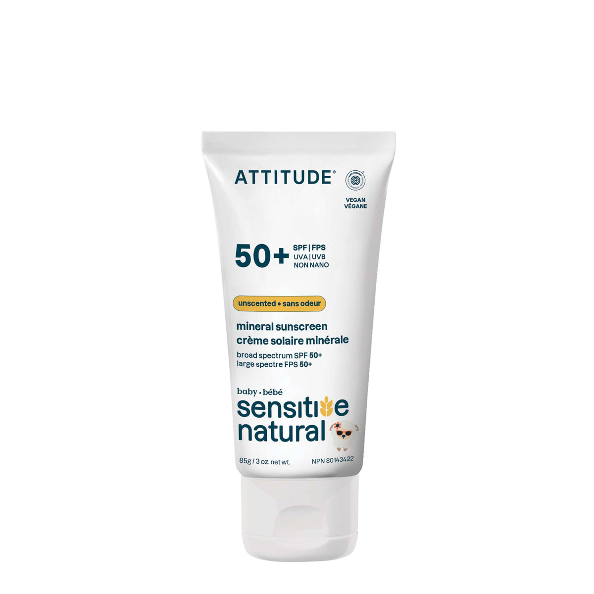 Attitude Sensitive Skin SPF 50+ Mineral Sunscreen, Fragrance-Free Lotion 85g Fragrance-Free