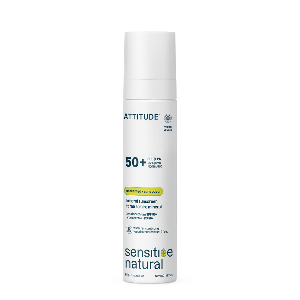 Attitude Sensitive Skin SPF 50+ Mineral Sunscreen, Fragrance-Free Spray 85g Fragrance-Free