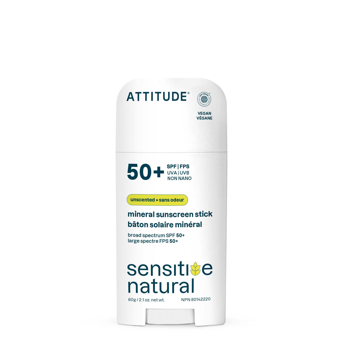 Attitude Sensitive Skin SPF 50+ Mineral Sunscreen, Fragrance-Free Stick 60g Fragrance-Free