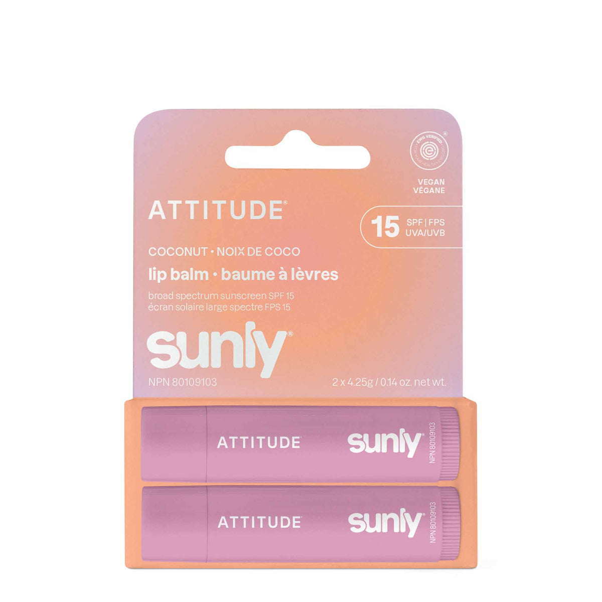 Attitude Sunly SPF 15 Mineral Lip Balm Duo 2-Pack Coconut