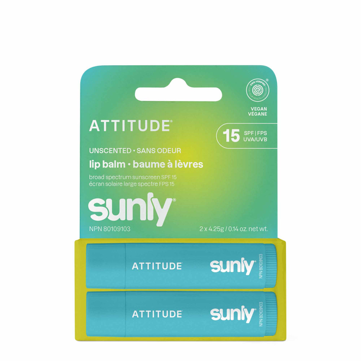 Attitude Sunly SPF 15 Mineral Lip Balm Duo 2-Pack Unscented