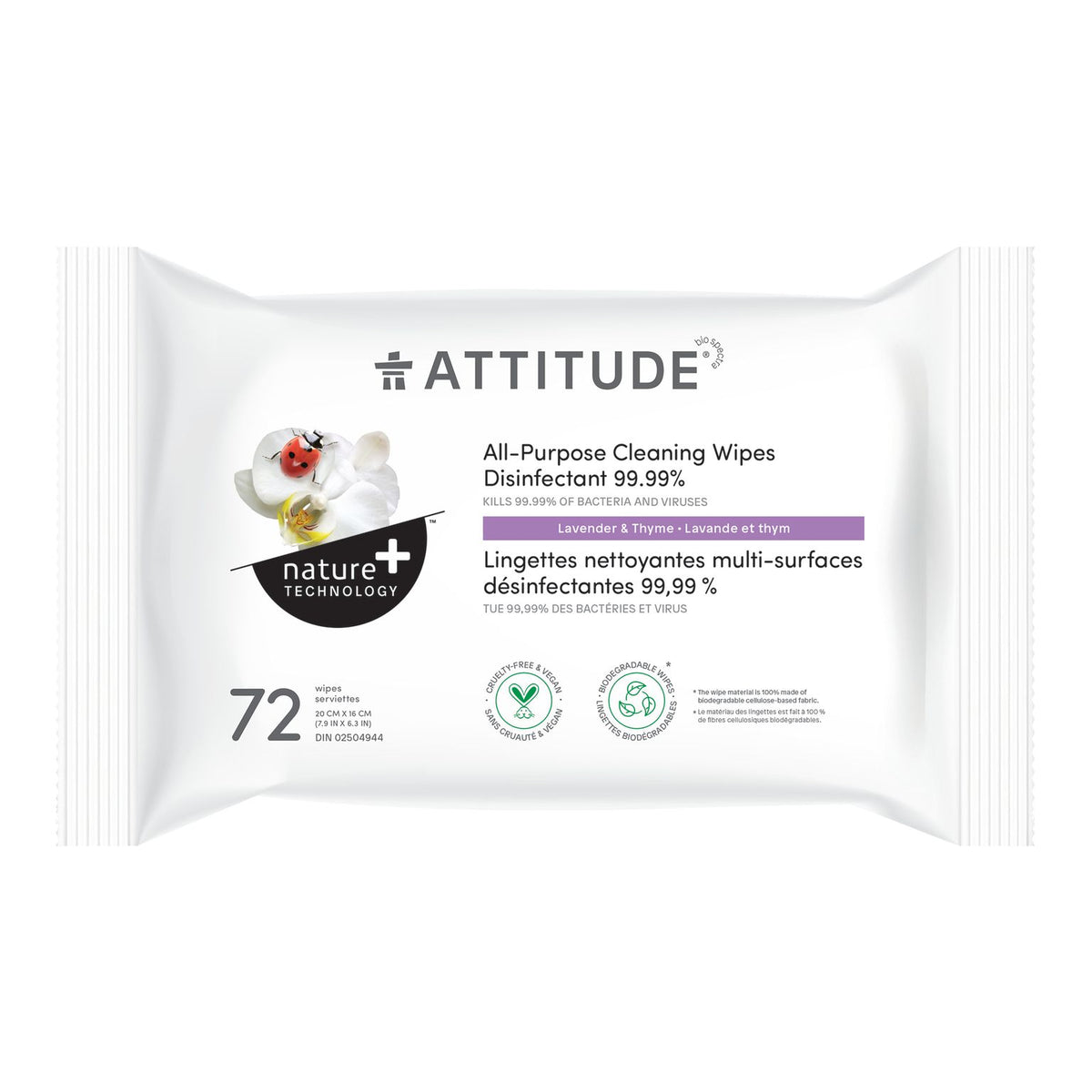 Attitude Disinfectant Cleaners 99.9%, Lavender All-Purpose Disinfectant Wipes 72 Wipes