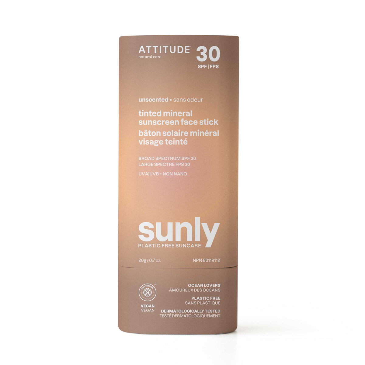 Attitude Sunly SPF 30 Mineral Sunscreen Tinted Face Stick 20g Unscented
