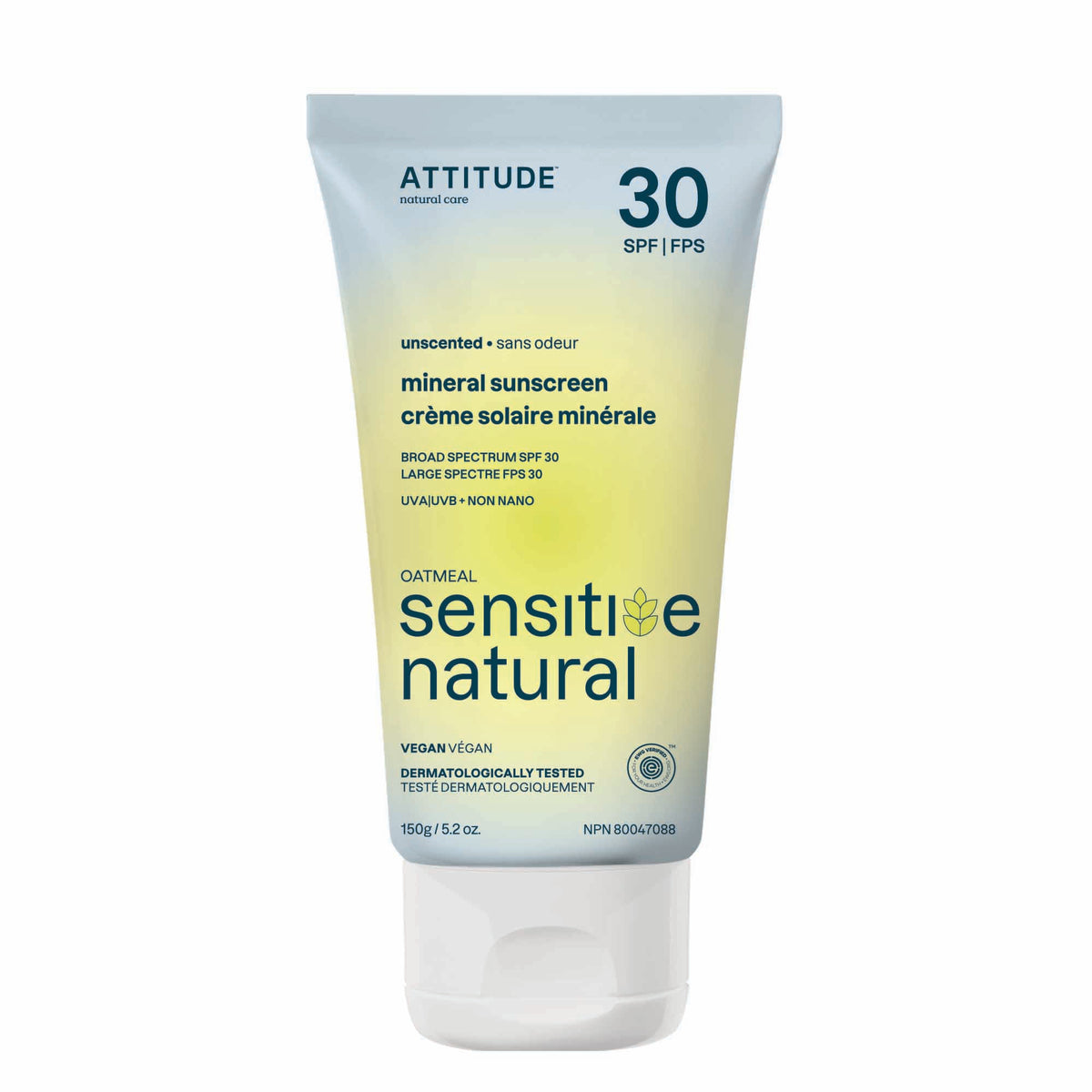 Attitude Sensitive Skin SPF 30 Mineral Sunscreen, Unscented Cream 150g (Adult) Unscented