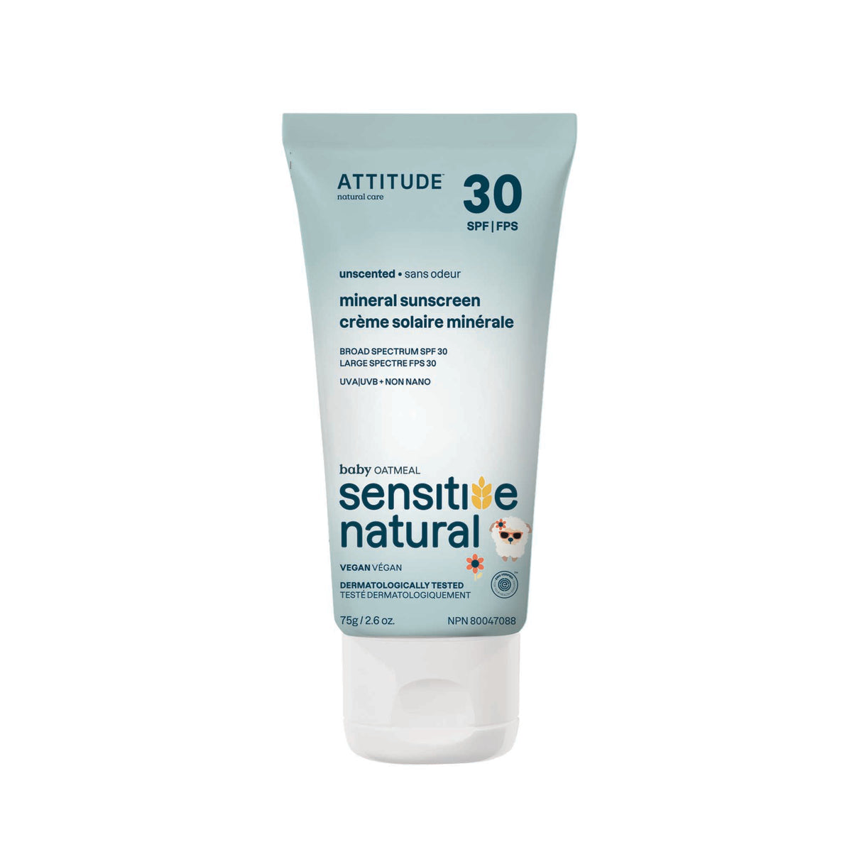 Attitude Sensitive Skin SPF 30 Mineral Sunscreen, Unscented Cream 75g (Kids) Unscented
