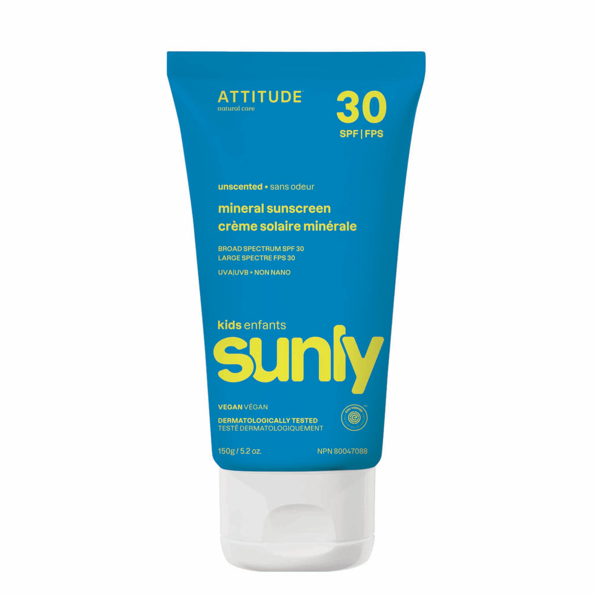 Attitude Sunly Kids SPF 30 Mineral Sunscreen, Unscented Cream 150g Unscented