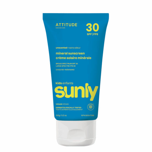 Attitude Sunly Kids SPF 30 Mineral Sunscreen, Unscented Cream 150g Unscented