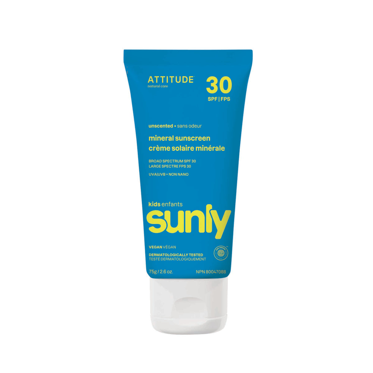 Attitude Sunly Kids SPF 30 Mineral Sunscreen, Unscented Cream 75g Unscented