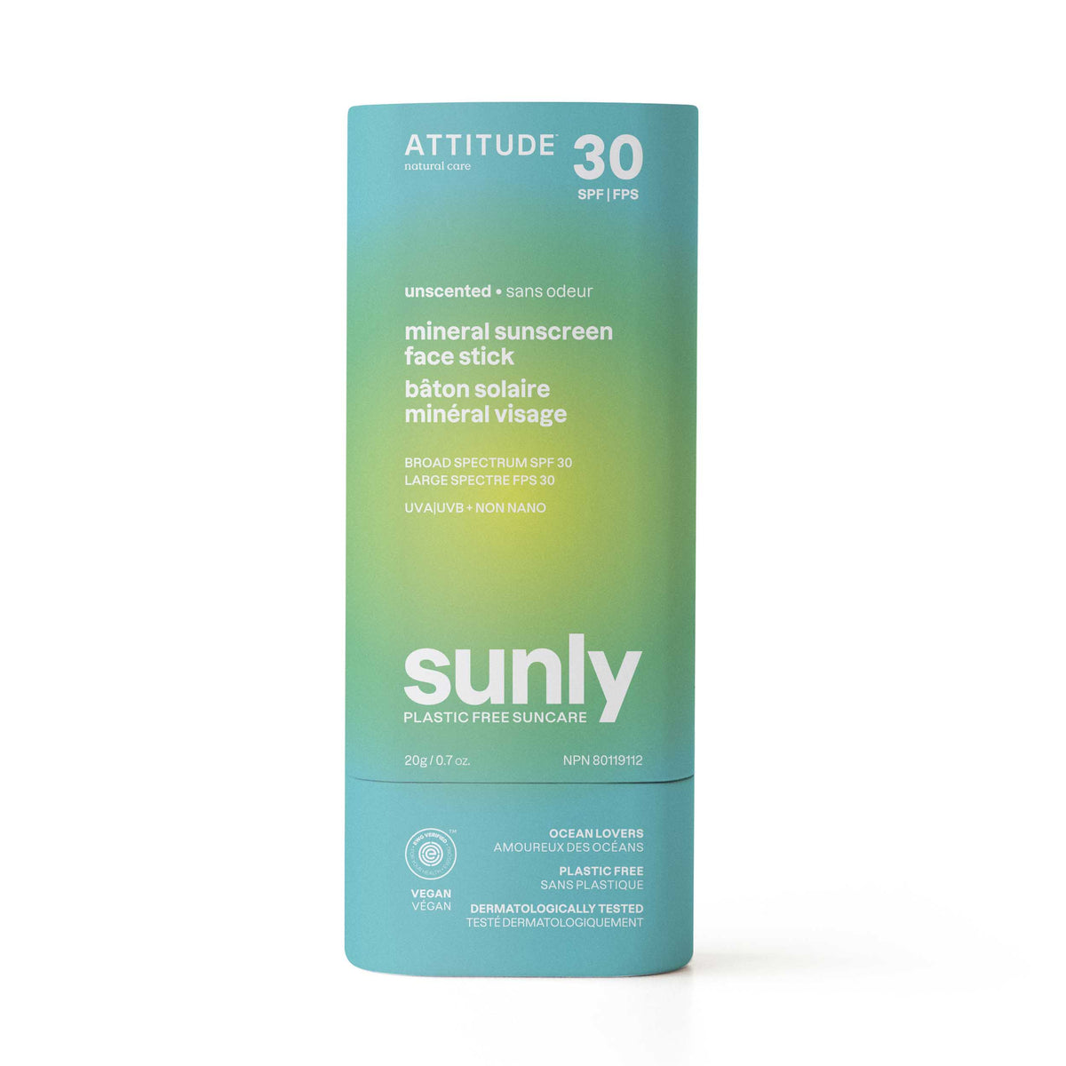 Attitude Sunly SPF 30 Mineral Sunscreen Face Stick 20g Unscented