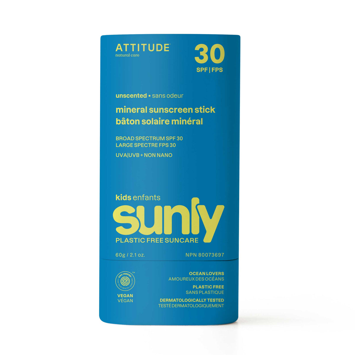 Attitude Sunly Kids SPF 30 Mineral Sunscreen, Unscented Stick 60g Unscented