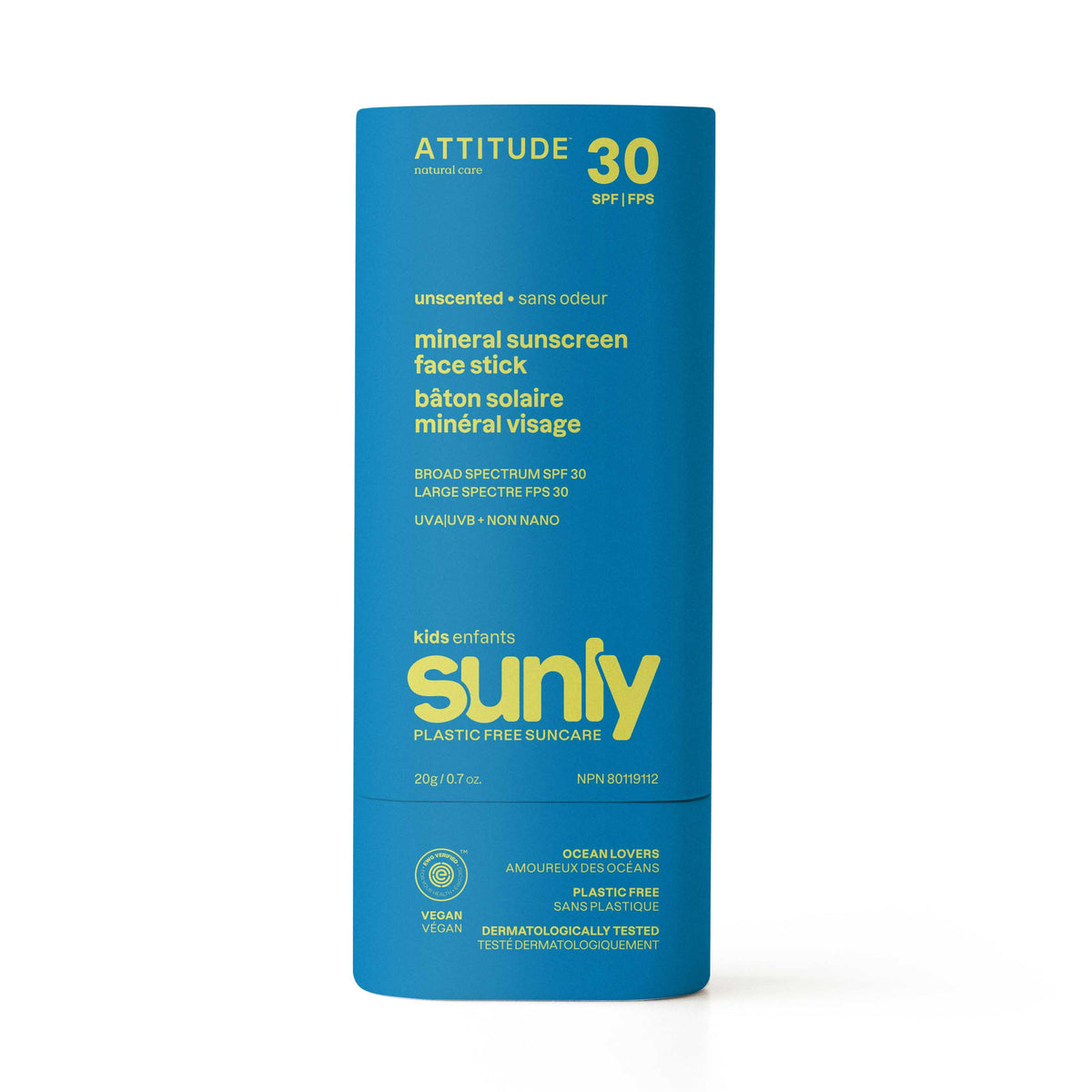 Attitude Sunly Kids SPF 30 Mineral Sunscreen, Unscented Face Stick 20g Unscented