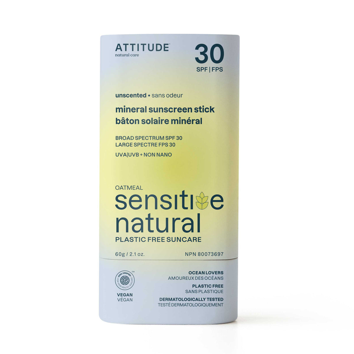 Attitude Sensitive Skin SPF 30 Mineral Sunscreen, Unscented Stick 60g Unscented
