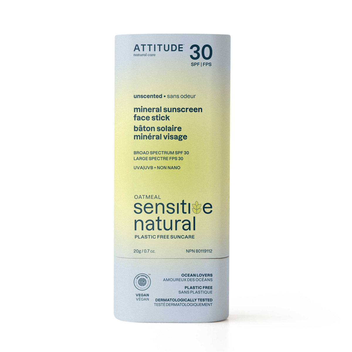 Attitude Sensitive Skin SPF 30 Mineral Sunscreen, Unscented Face Stick 20g Unscented