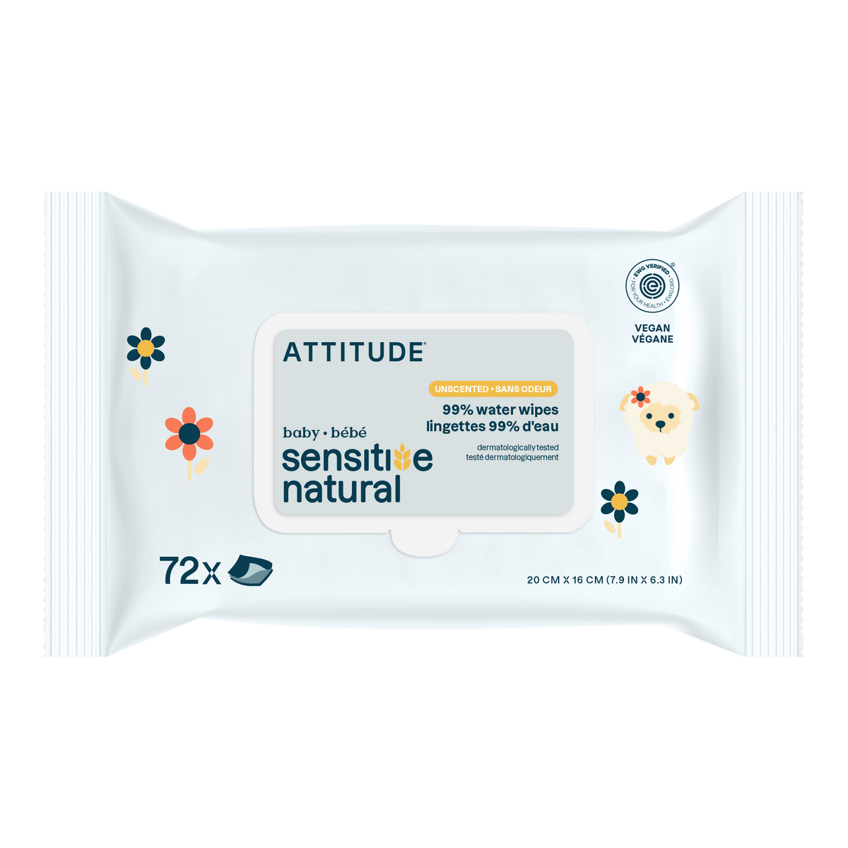 Attitude Baby Wipes, Fragrance-Free Sensitive Skin 72 Wipes