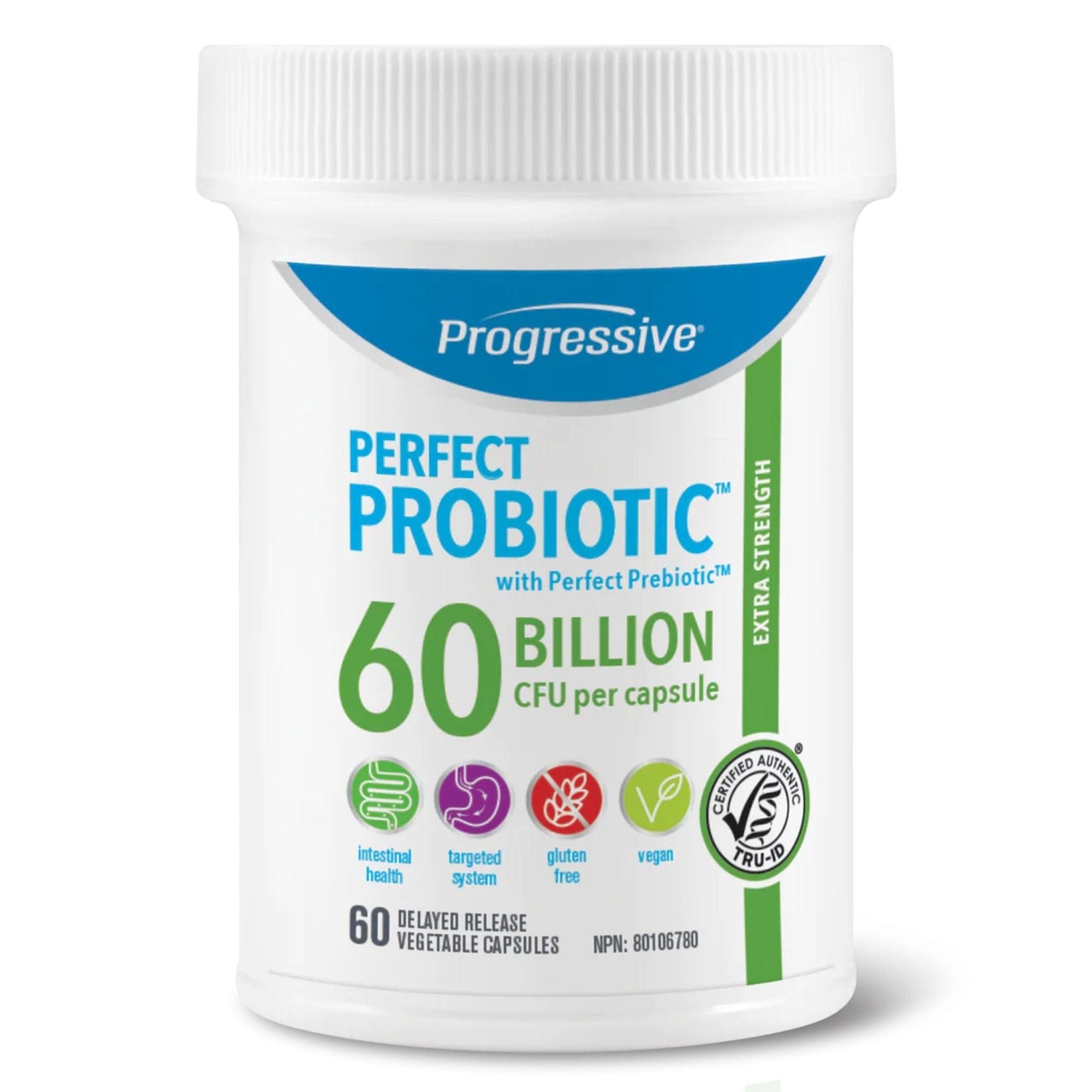 60 Delayed Release Vegetable Capsules | Bottle of Progressive Perfect Probiotic 60 Billion CFU Per Capsule 60 Delayed Release Vegetable Capsules