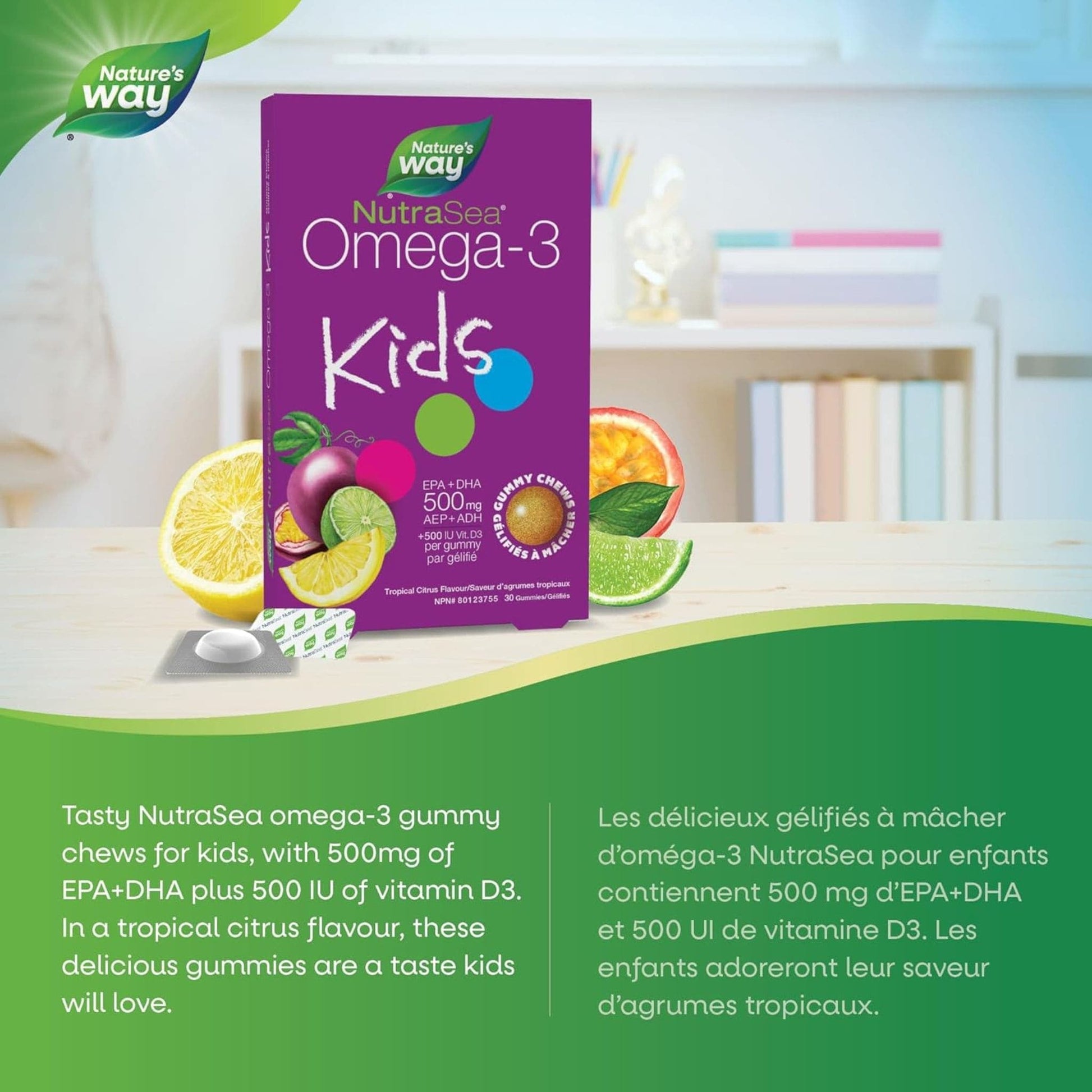 Tropical Citrus Flavoured, 30 Gummies | Nature's Way NutraSea Omega-3 Kids EPA+DHA 500 mg / Vitamin D3 500 IU