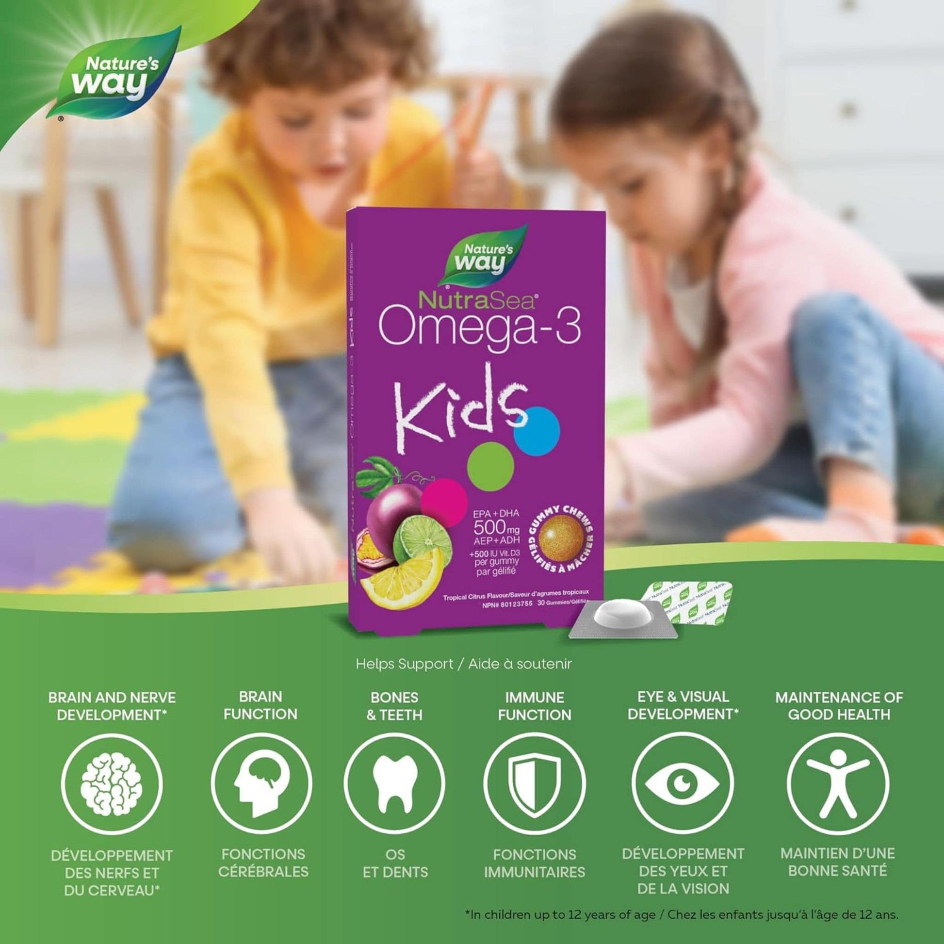 Tropical Citrus Flavoured, 30 Gummies | Nature's Way NutraSea Omega-3 Kids EPA+DHA 500 mg / Vitamin D3 500 IU
