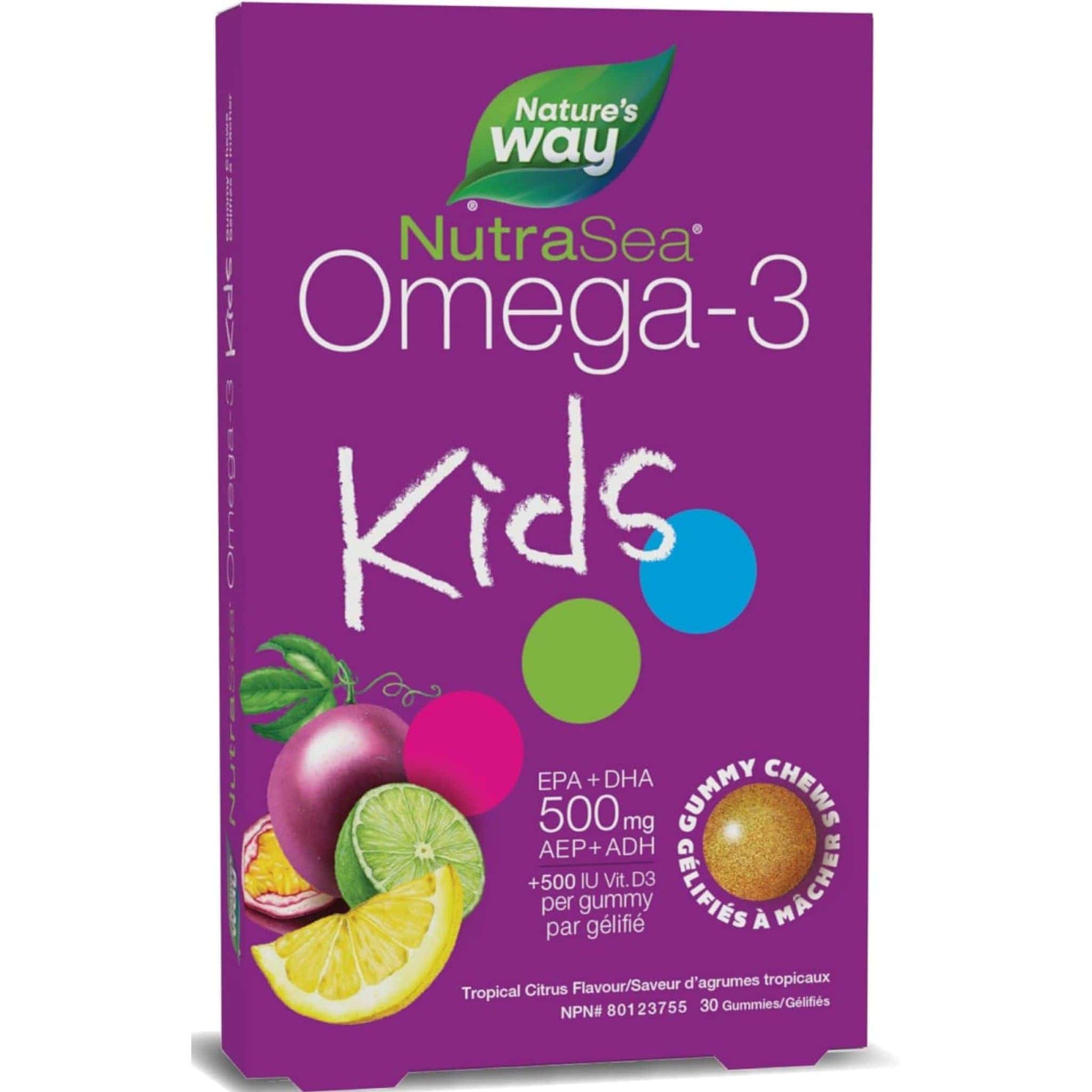 Tropical Citrus Flavoured, 30 Gummies | Nature's Way NutraSea Omega-3 Kids EPA+DHA 500 mg / Vitamin D3 500 IU