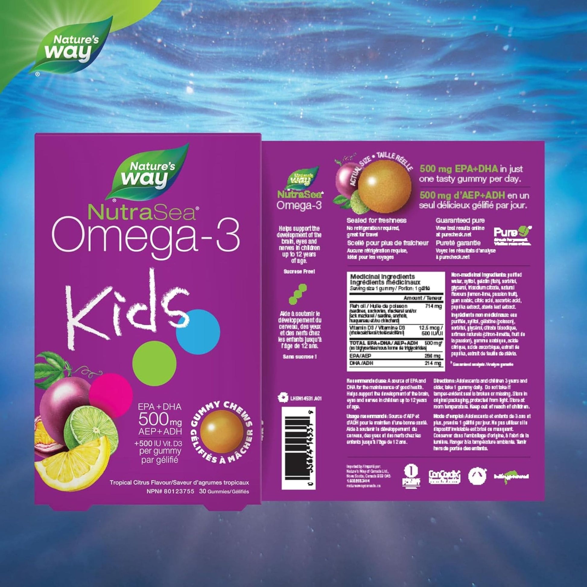 Tropical Citrus Flavoured, 30 Gummies | Nature's Way NutraSea Omega-3 Kids EPA+DHA 500 mg / Vitamin D3 500 IU