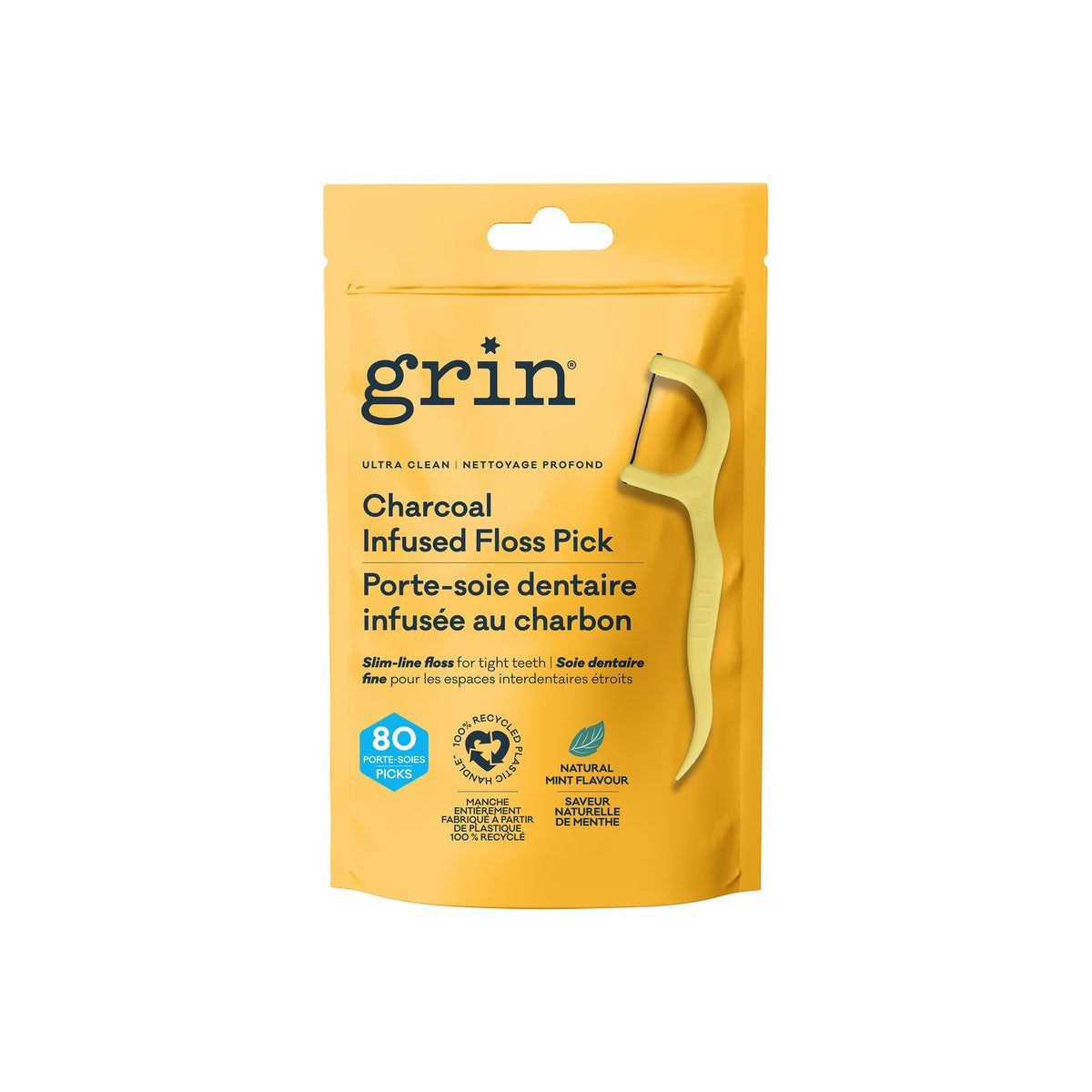 Grin Ultra Floss Picks, Ultra Clean (Charcoal)