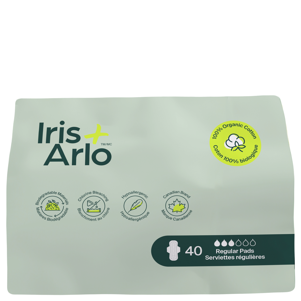 Iris + Arlo Organic Cotton Pads Regular 40 Pads (Refill Pack)