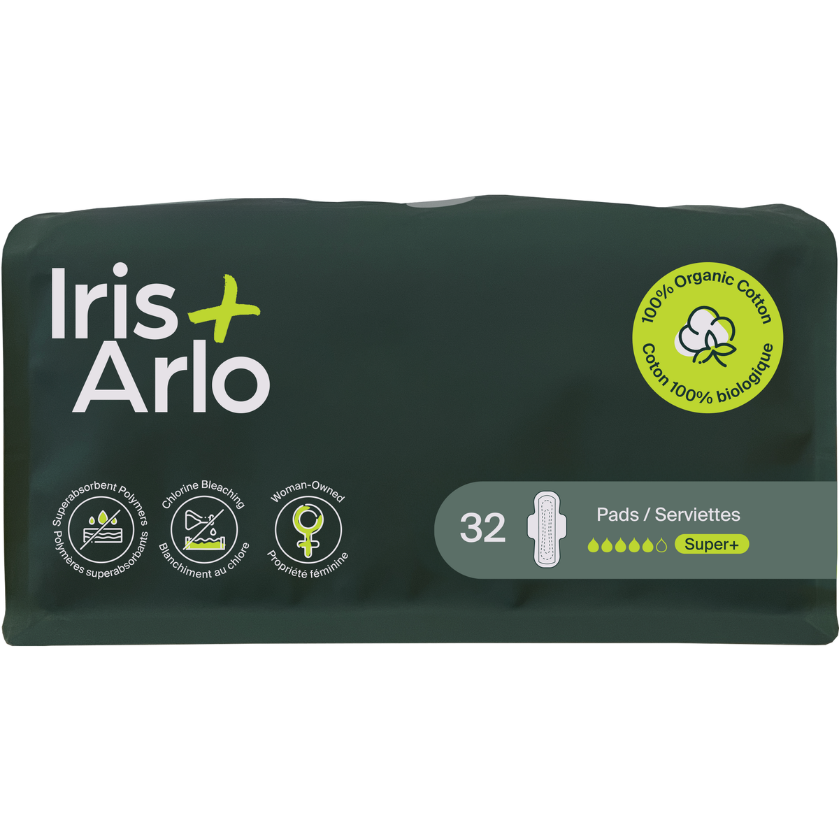 Iris + Arlo Organic Cotton Pads Super+ 32 Pads (Refill Pack)
