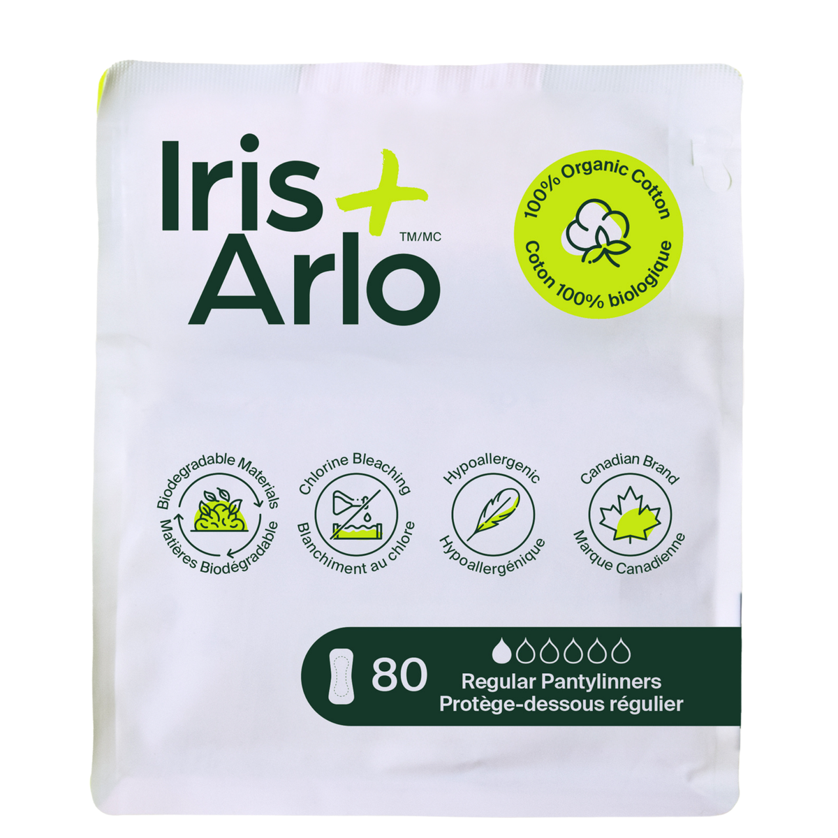 Iris + Arlo Organic Cotton Pantyliners Regular 80 Liners (Refill Pack)