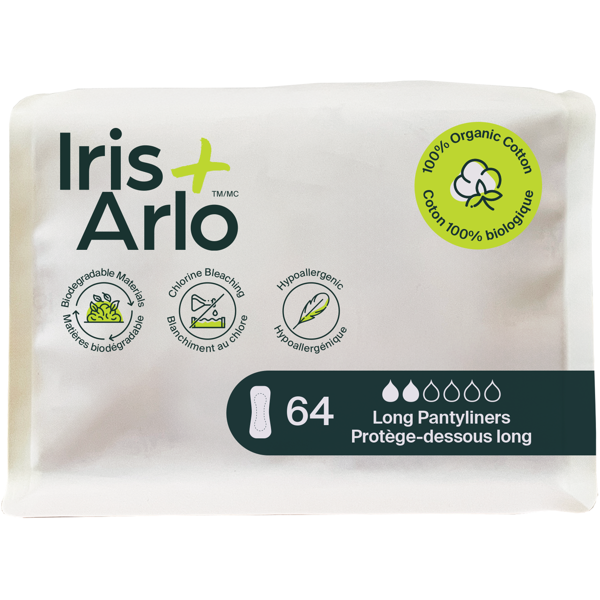 Iris + Arlo Organic Cotton Pantyliners Long 64 Liners (Refill Pack)