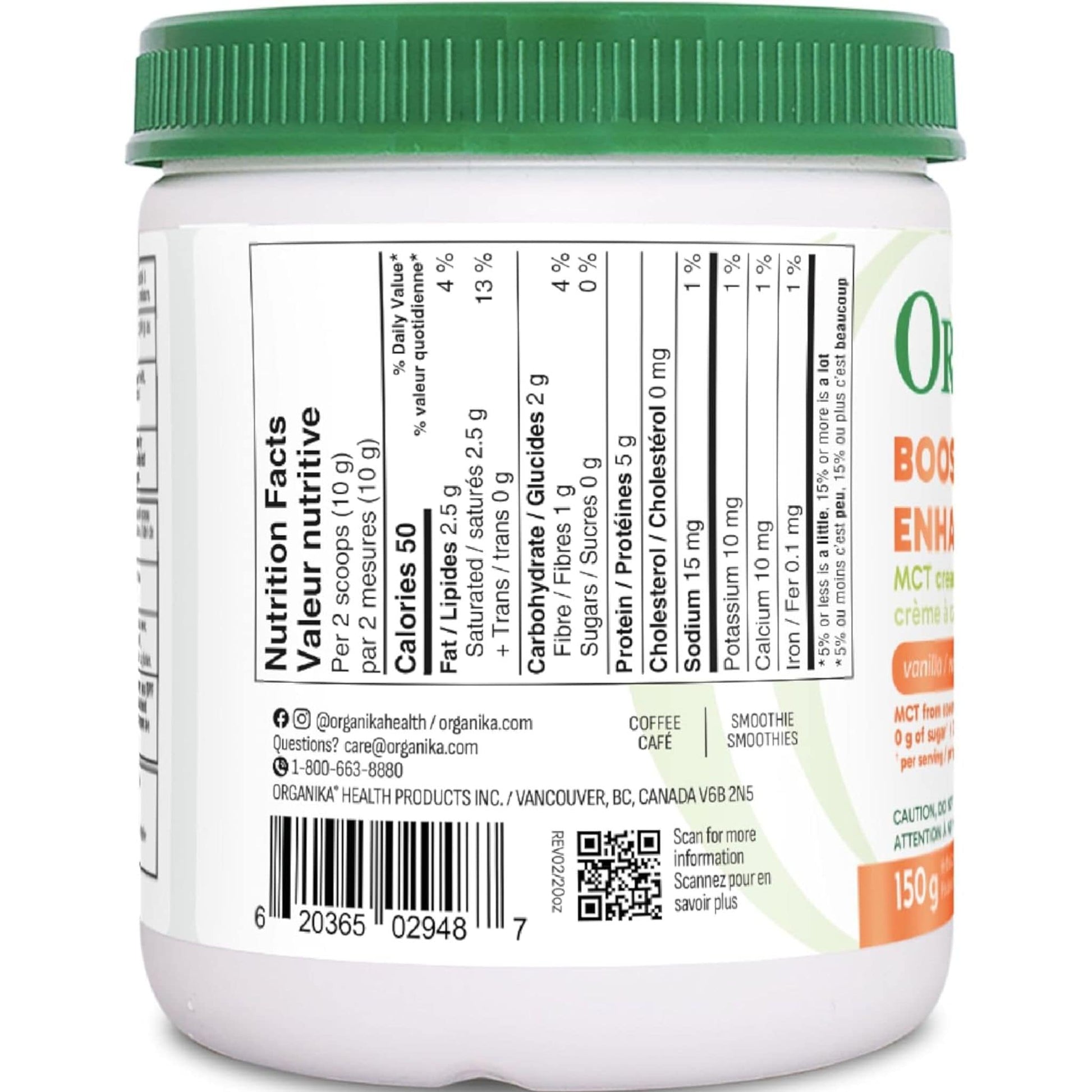 Vanilla Flavour, 150g | Organika Boost Enhanced Collagen Powder MCT Creamer