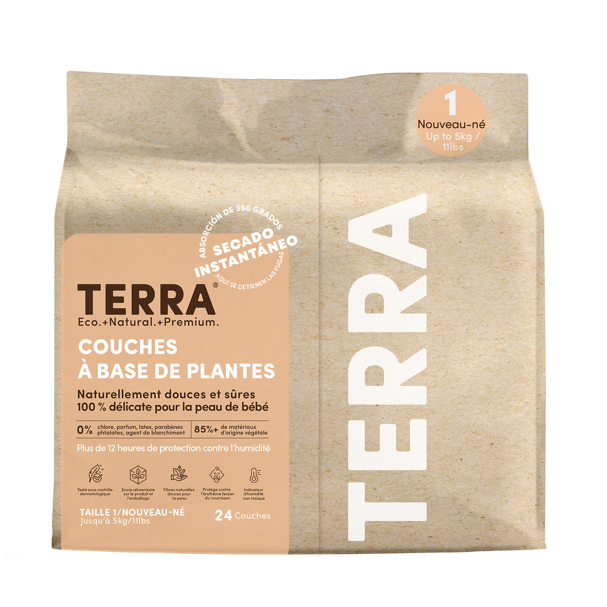 Terra Bamboo Diapers with Wetness Indicator and Absorbent Core, Size 1 Newborn to Size 6 Junior - Size 1 Newborn, 24 Count
