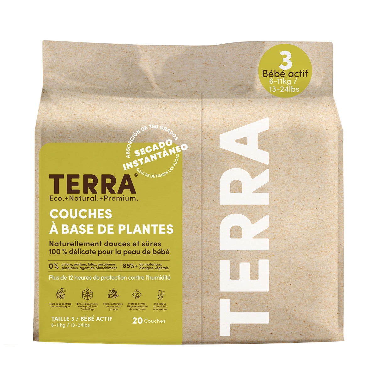 Terra Bamboo Diapers with Wetness Indicator and Absorbent Core, Size 1 Newborn to Size 6 Junior - Size 3 Crawler, 20 Count