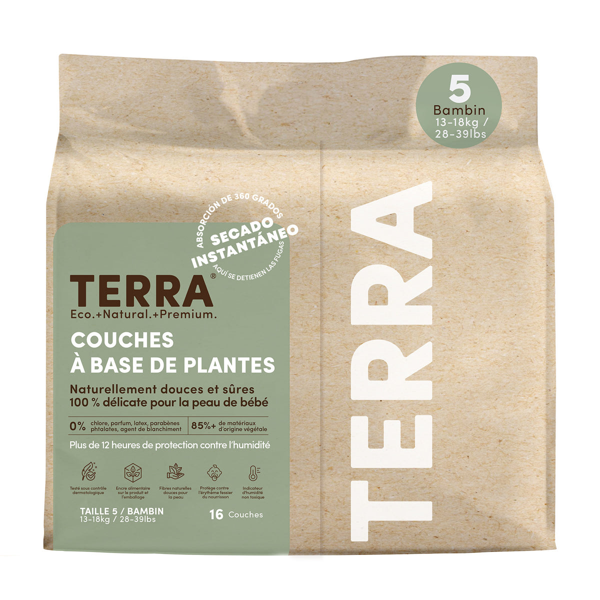 Terra Bamboo Diapers with Wetness Indicator and Absorbent Core, Size 1 Newborn to Size 6 Junior - Size 5 Walker, 16 Count