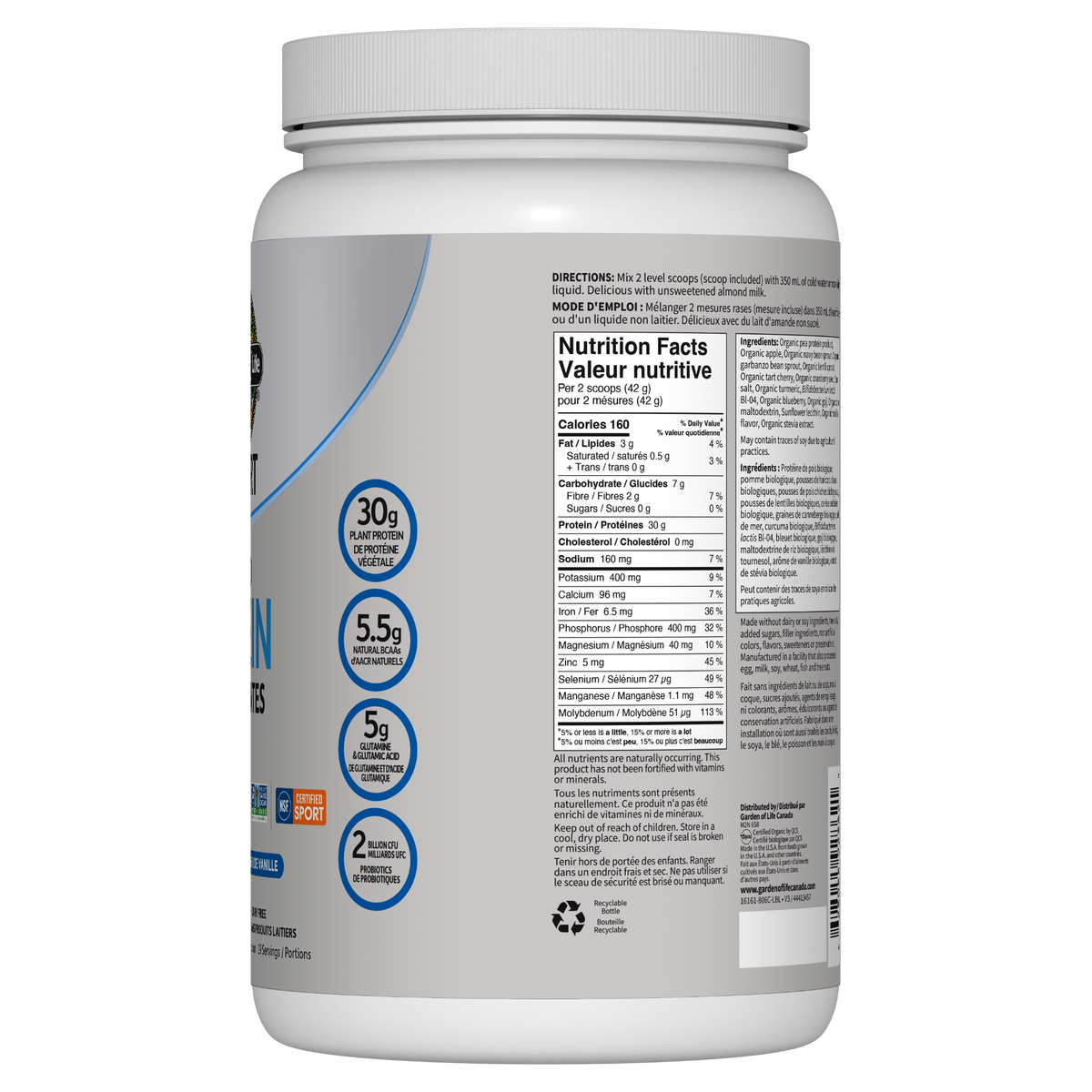 Garden of Life Sport Organic Plant-Based Protein, Vanilla, 806g - right side