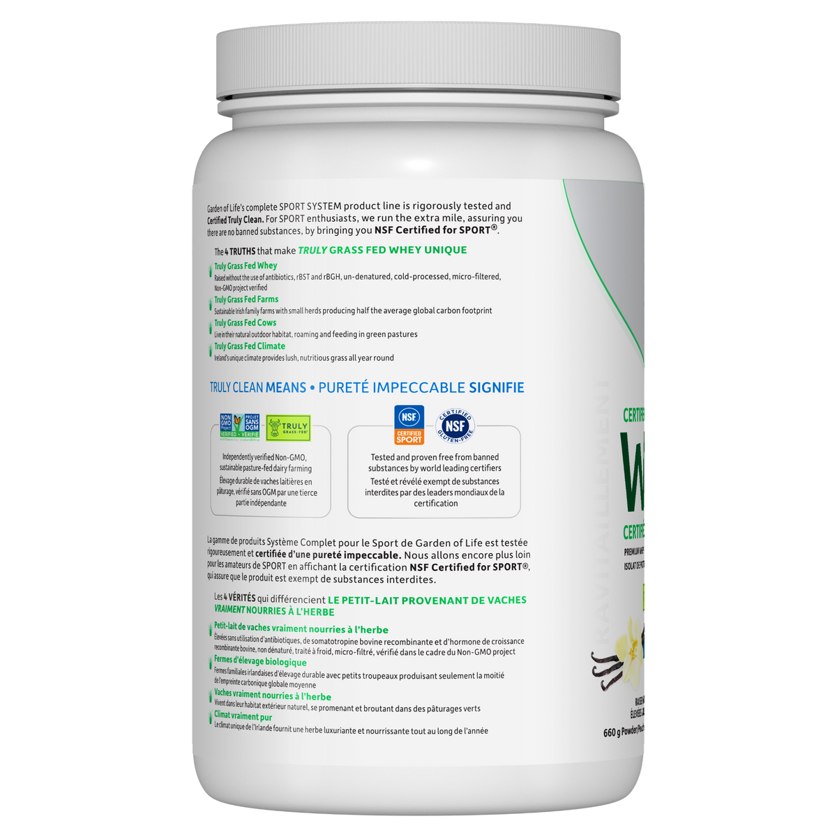Garden of Life Sport Certified Grass Fed Whey Protein, Vanilla, 660g - left side