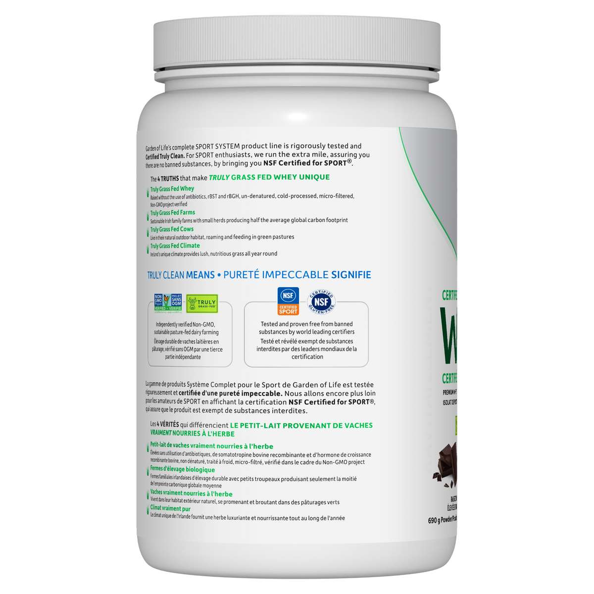 Garden of Life Sport Certified Grass Fed Whey Protein, Chocolate, 690g - left side