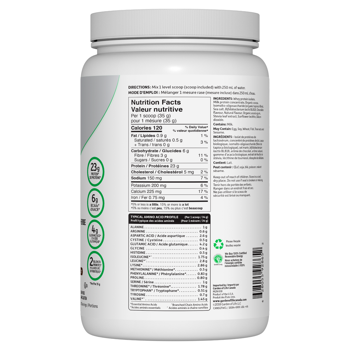 Garden of Life Sport Certified Grass Fed Whey Protein, Chocolate, 690g - right side