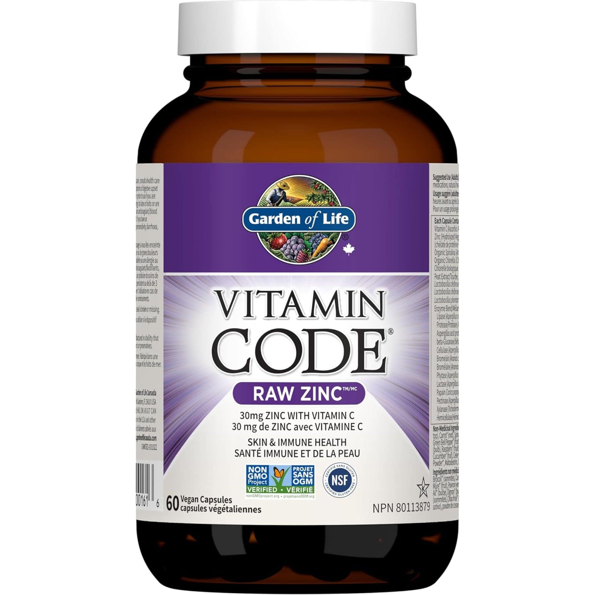 Zinc Code Garden Of Life Vitamin Code Raw Zinc 30mg, 60 Vegan Capsules