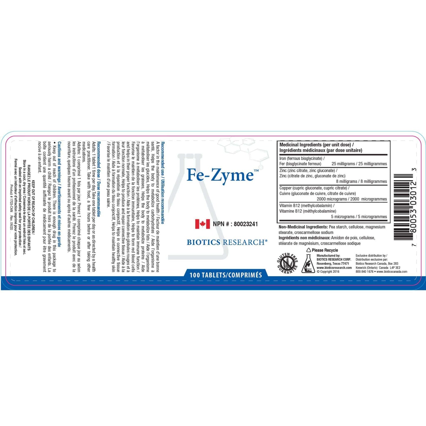 100 Tablets | Biotics Research Fe-Zyme (Ferrous Gluconate)