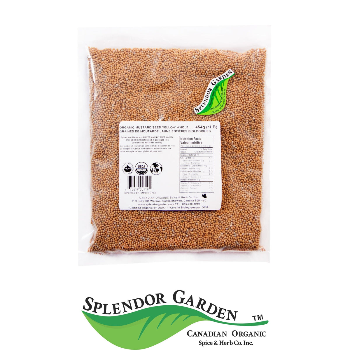Splendor Garden Organic Yellow Mustard Seed, Whole, 454g Bulk Bag