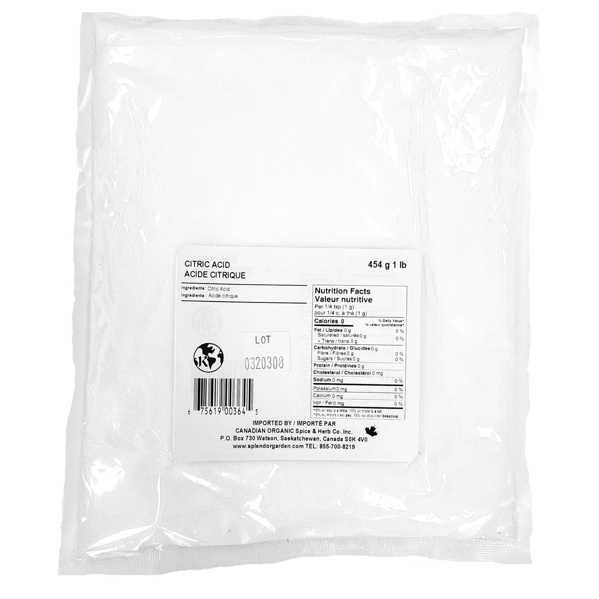 Splendor Garden Citric Acid, 454g Bulk Bag