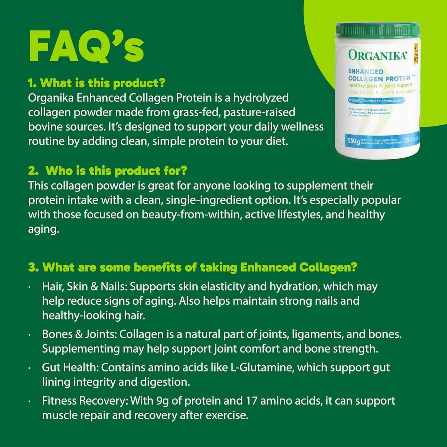 Organika Enhanced Collagen Powder (100% flavourless hydrolyzed collagen peptides), 250-500g