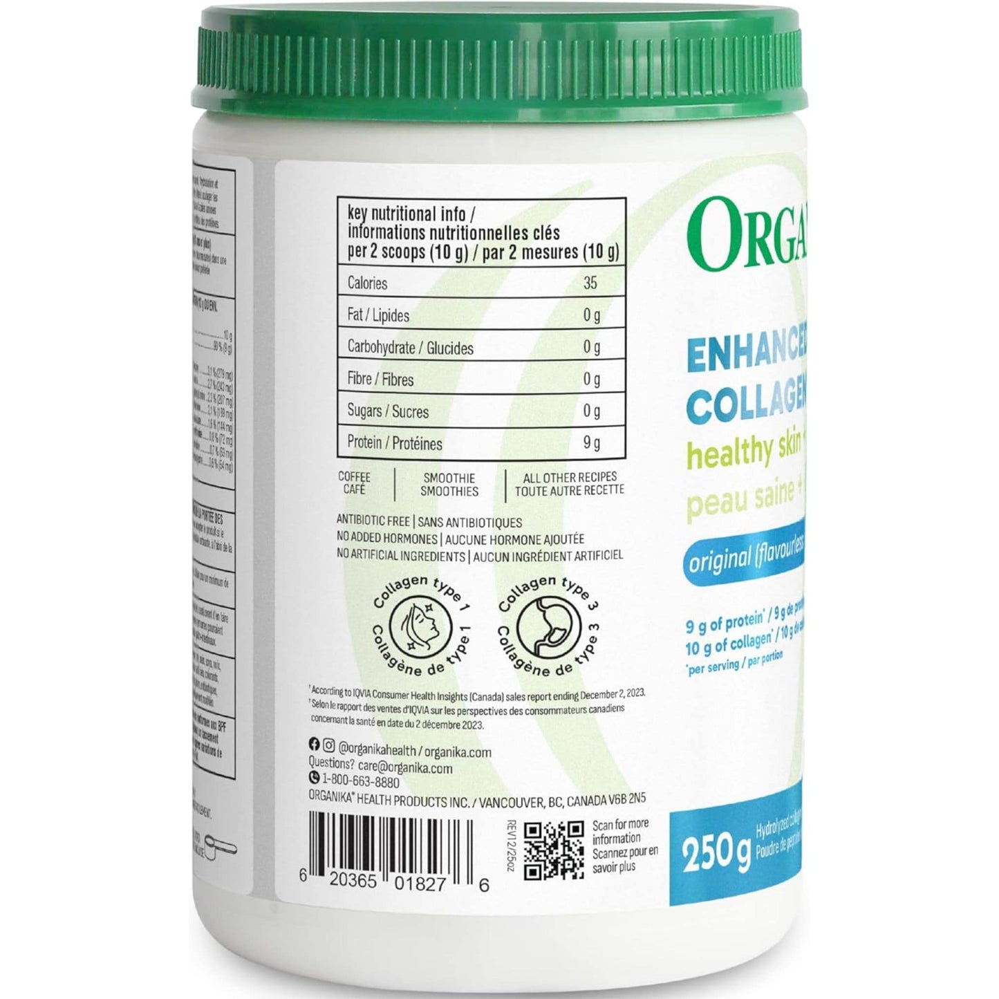 Organika Enhanced Collagen Powder (100% flavourless hydrolyzed collagen peptides), 250-500g