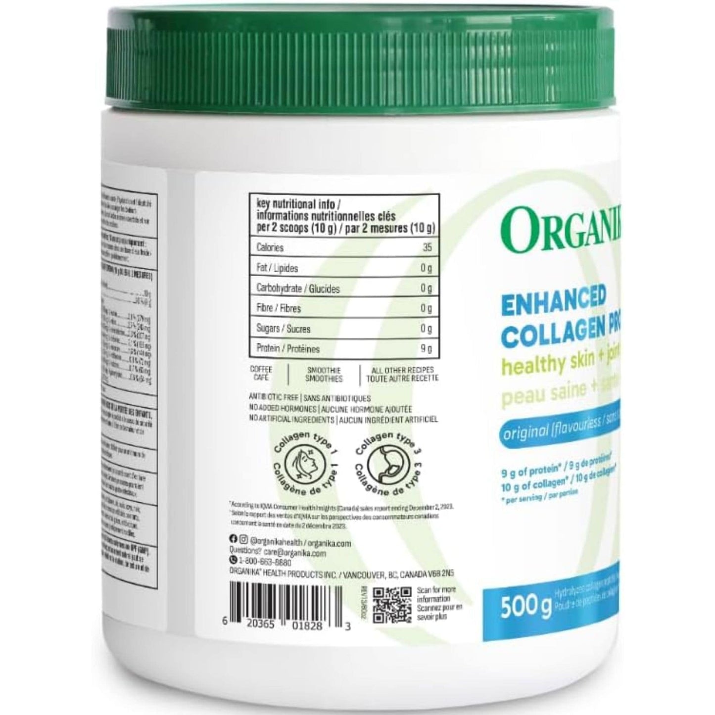Organika Enhanced Collagen Powder (100% flavourless hydrolyzed collagen peptides), 250-500g