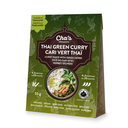 Cha's Organics Organic Thai Curry Kit with Curry Paste and Dried Herbs, Green, Red, Yellow or Tom Yum, Case of 6 x 55g - Thai Green Curry